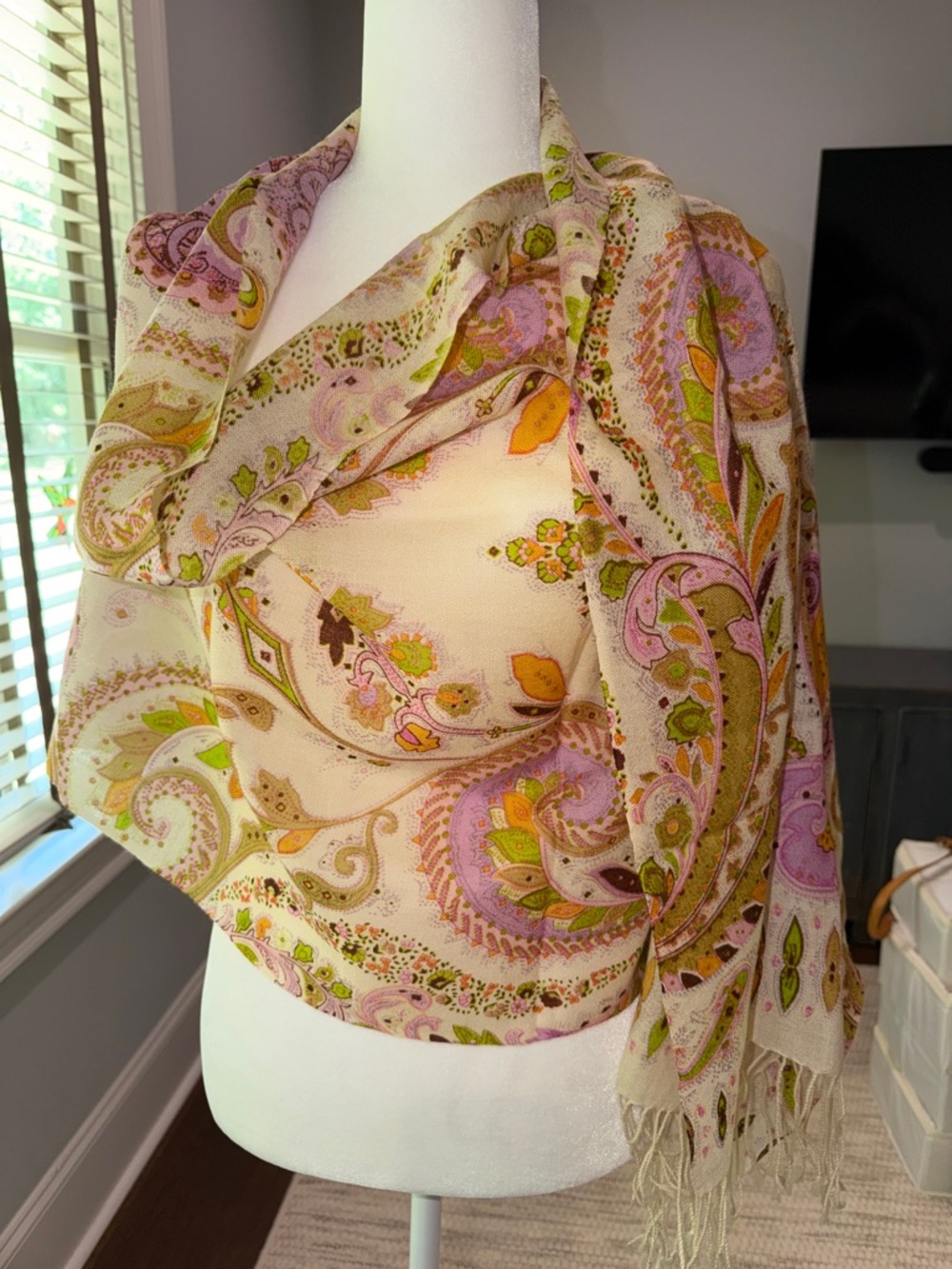 Echo Paisley Fringe Wrap in Cream, Pink & Green. Like New.